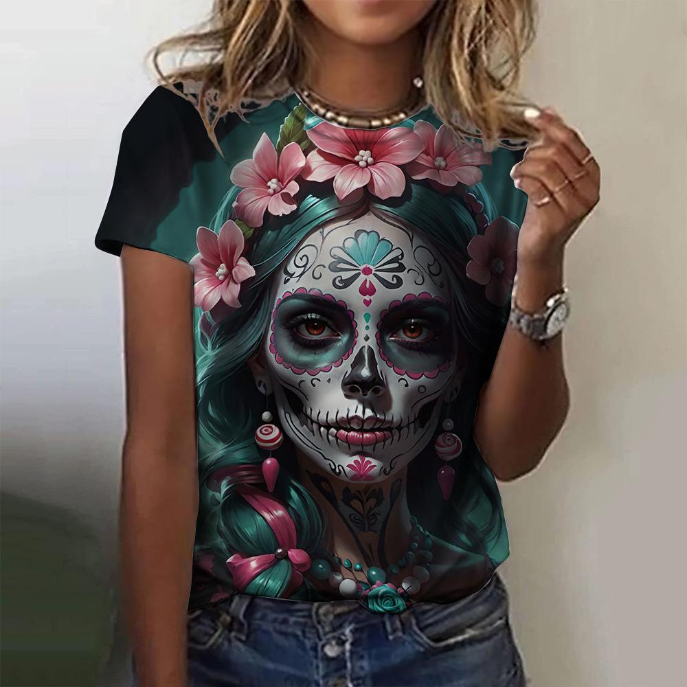 Summer Round Neck 3D Skull Print Top Fashionable Casual Short Sleeved Women's T-shirts