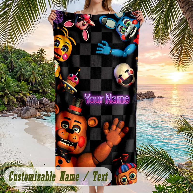 Five Nights At Freddy’s Beach Towel, Personalized Custom Text, Quick Dry Soft Large Towel For Swimming Pool Travel