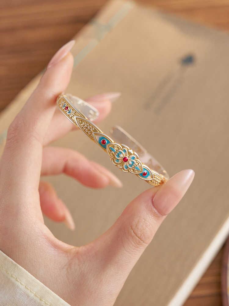 [West Wind Green] New Chinese Court Lotus Bracelet Women's Gold Enamel Light Luxury Versatile Temperament Open Bracelet