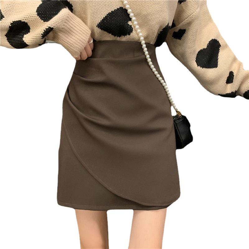 2023 Trendy Irregular Midi Skirt: Women's Coffee Color A-line Slim Bodycon Skirt