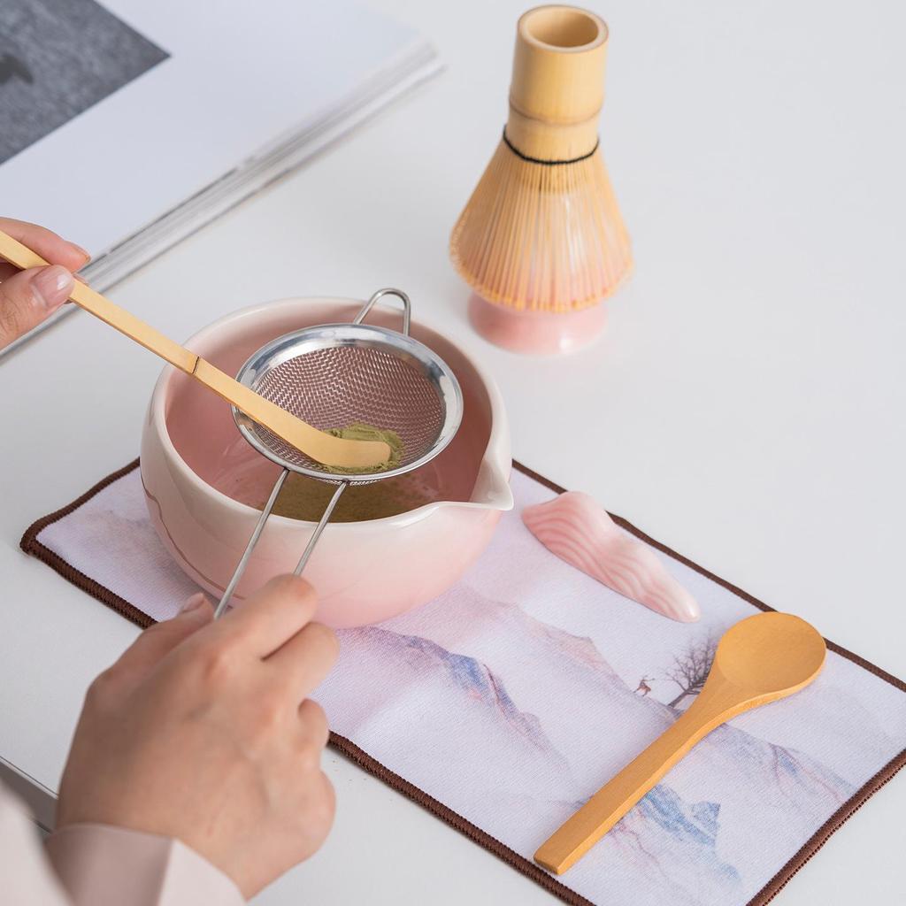 Gradient Pink Matcha Tea Set: Bowl, Kiln-Changed Tea Bowl, Chasen Whisk, Brewing Tools