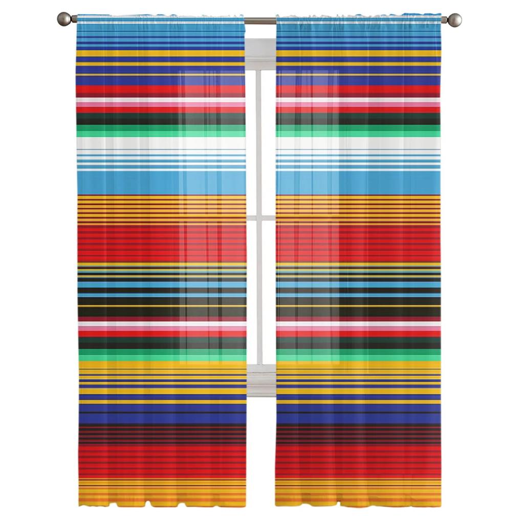 Colorful Mexican Stripes Bedroom Transparent Sheer Curtains Holiday Decoration Window Voile Tulle Curtain