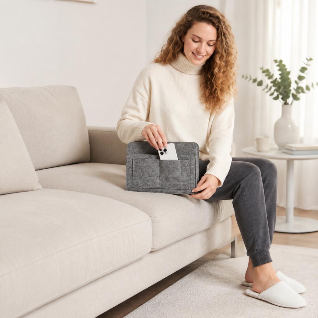 Felt Storage Organizer Bag for Sofa Side Bedside Pocket Hanging Storage Pouch with Multiple Compartments for Remote Controls and Small Items