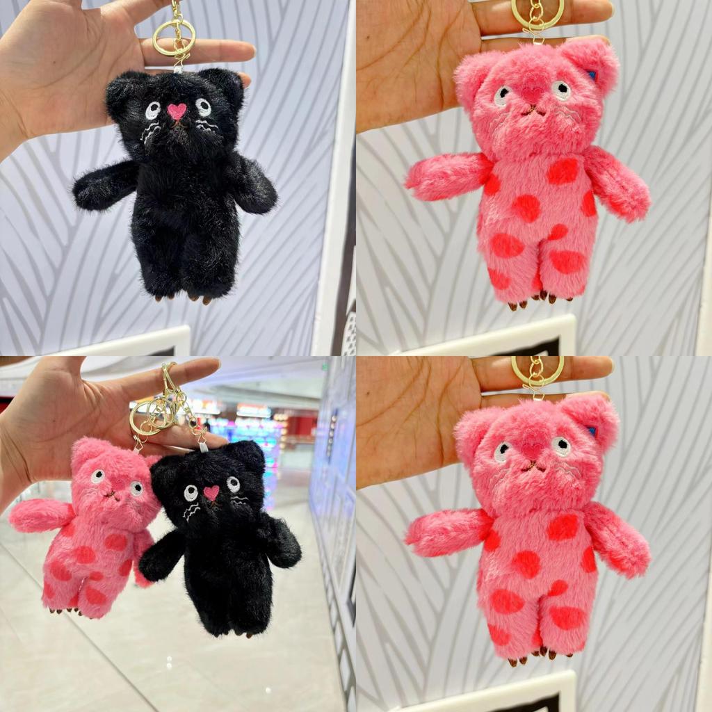 Uroczy Uroczy Czarno-Różowo-Czerwony Pluszowy Kot Breloczek Zawieszka Do Torebek I Akcesoriów