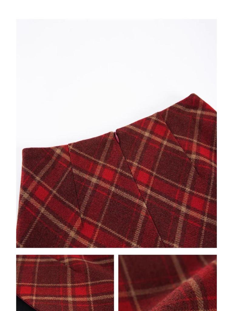 Women's Red Plaid High-Waisted Woolen A-line Skirt - Autumn/Winter 2025 Collection