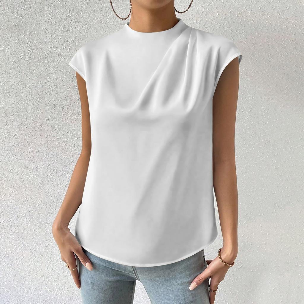 Women's Casual Elegant Satin Pleated Round Neck Shirt Solid Color Pullover Sleeveless Formal Work Shirt Top