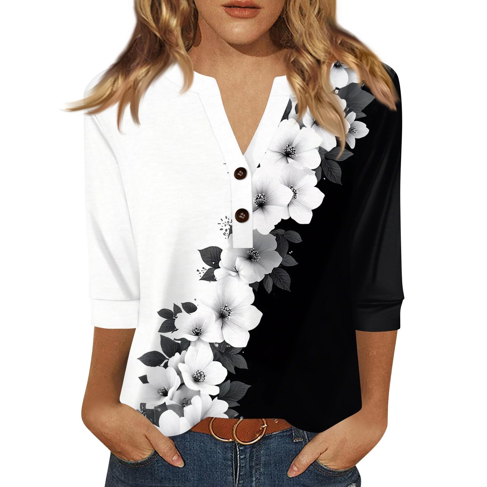 

Жен. Футболка С принтом Пуговицы Рукав 3/4 Повседневные Выходные Мода Классический Классический V-образный вырез Обычный Верх XL белый