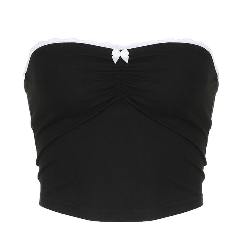 Contrast Bow Stitched Tube Top Summer Harajuku 90s Strapless Women's Cropped Tops Vintage Y2k Casual Basic Tees Cute Vest