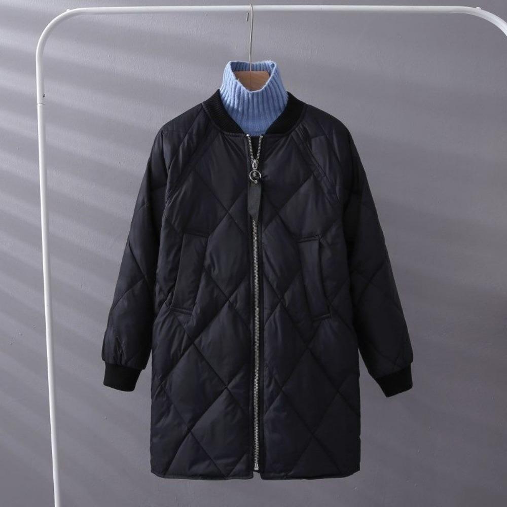 

Женская хлопковая куртка средней длины на осень и зиму - Хлопковая куртка свободного кроя с ромбовидной стежкой в корейском стиле, Пуховик в корейском стиле XS чёрный