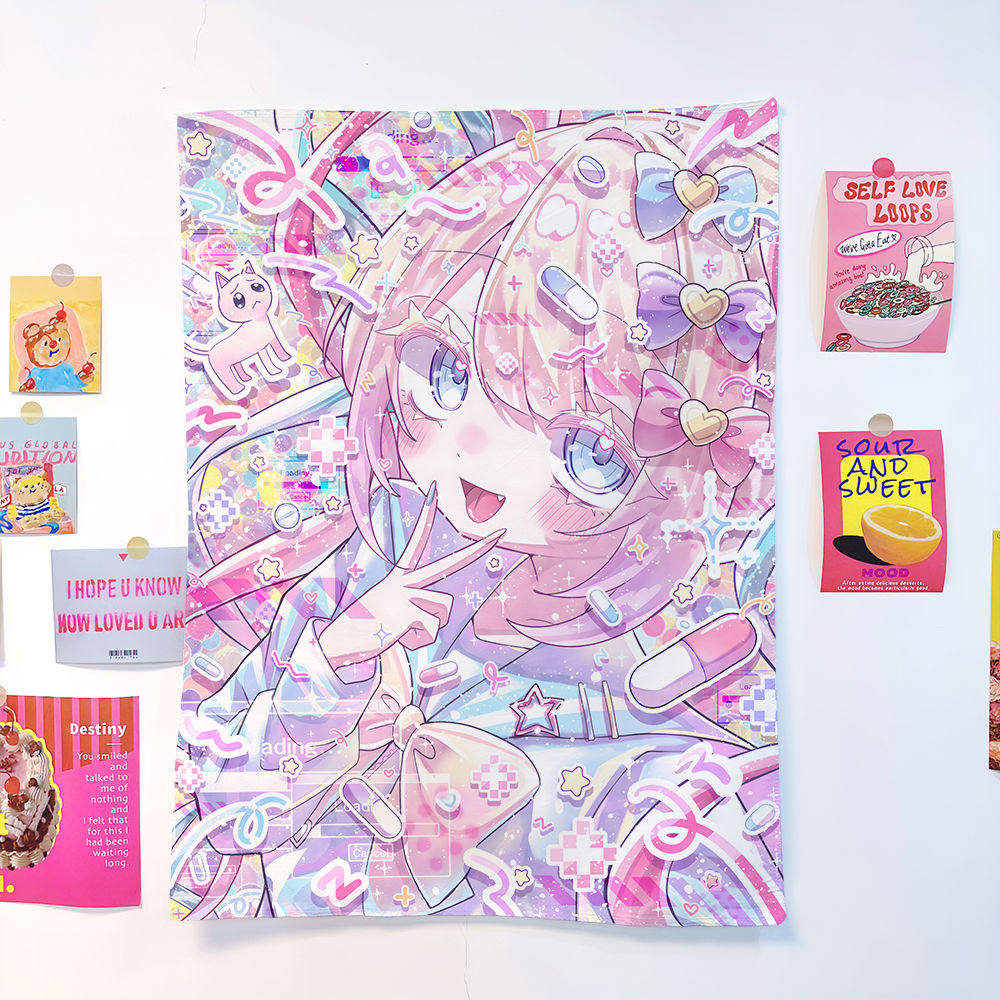 

Kawaii Anime Girl Tapestry Sweet Dessert Print Wall Hanging for Bedroom Aesthetic Decor Background Cloth 74x94cm(29x37in)