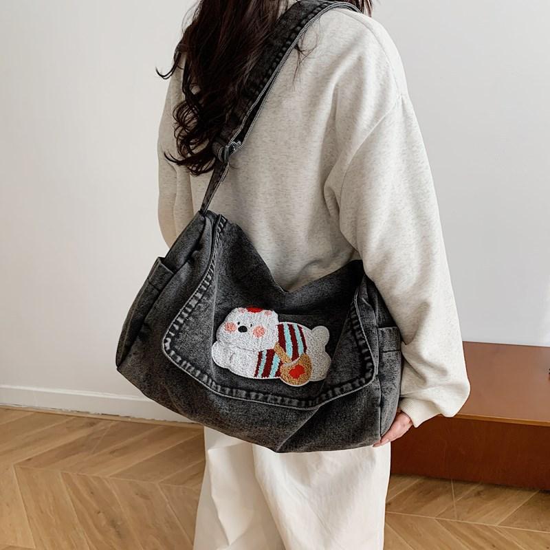 Vintage Shoulder Bag Lightweight Commuter Bag Cartoon Denim Women's Bag