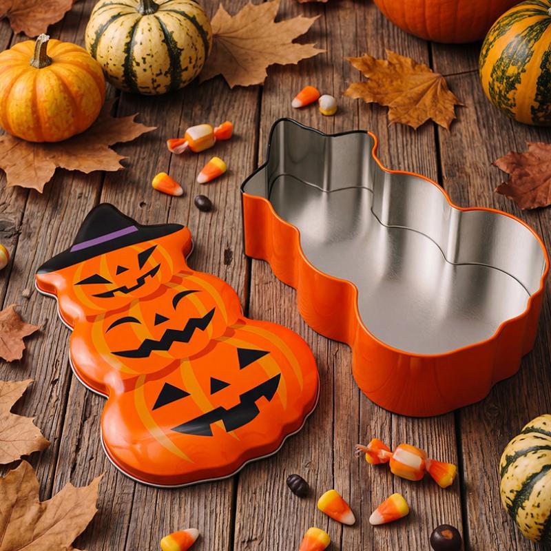 Halloween Pumpkin Stacked Tinplate Storage Box Lightweight Leakproof Cookie Holder for Kitchen Counter Decoration
