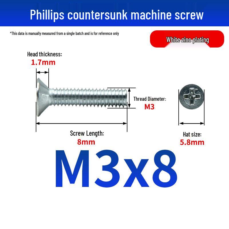 White Zinc Plated Cross Recessed Countersunk Head Screws & Bolts, Machine Thread, M3-M12