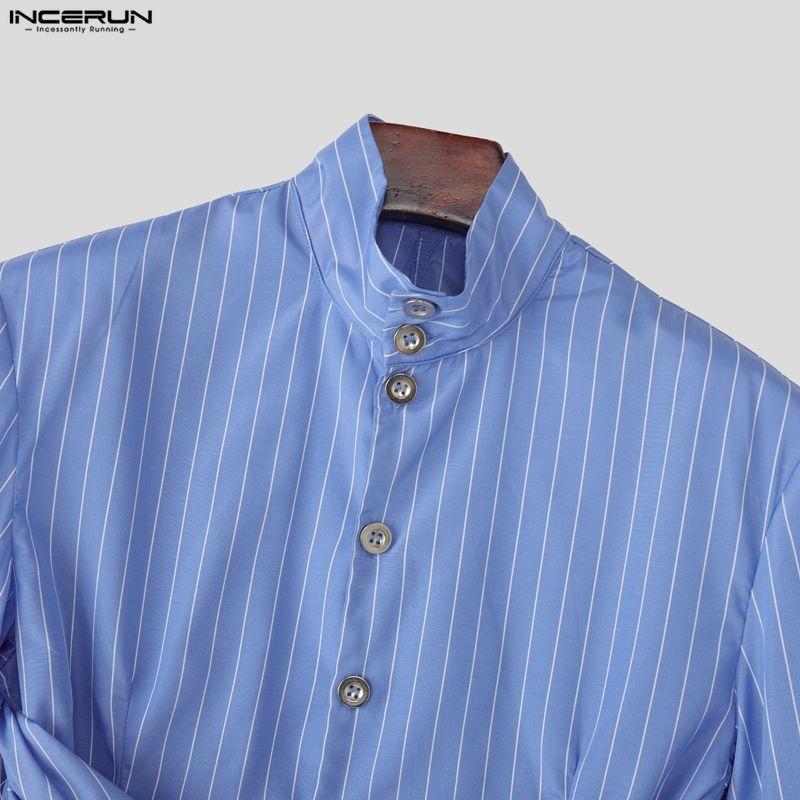 INCERUN Oversized Men High Neck Long Sleeve Twisted Striped Print Casual Loose Shirts