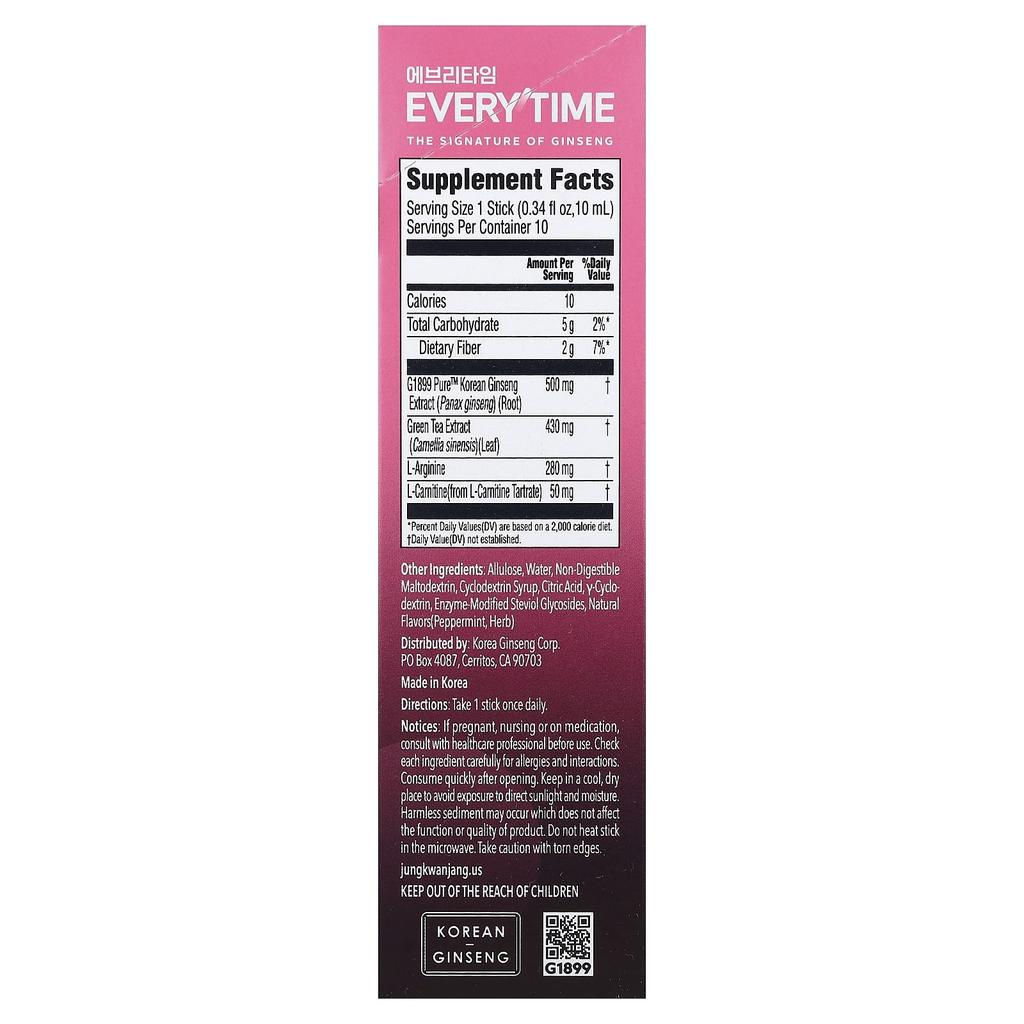 JungKwanJang, Everytime CaloTrim, Green Tea Extract & L-Carnitine Tartrate, 10 Liquid Sticks, 10ml (0.34 fl oz) Each