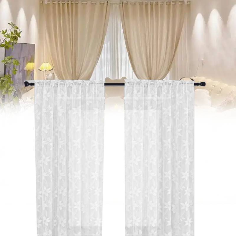 Lace White Floral Sheer Curtains For Daily Bedroom Kitchen Decoration Set 2 Of
