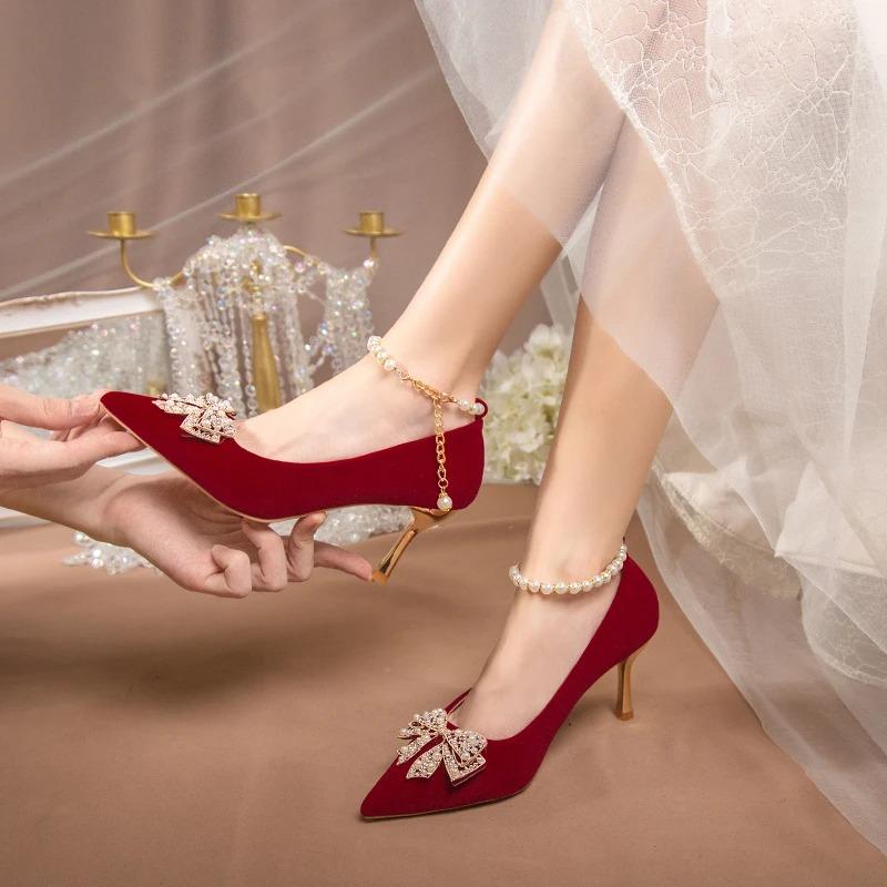 Fashion Red Pearl Bowknot Wedding Party Shoes for Women String Bead Thin Heels Pumps Ladies Ankle Strap Pointed Toe High Heels Shoes