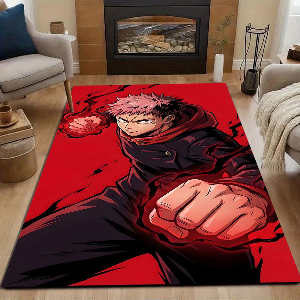 Anime Warrior On Fiery Red Background Patterned Carpet, Non Slip Mat Suitable for Living Room and Bedroom Sofas