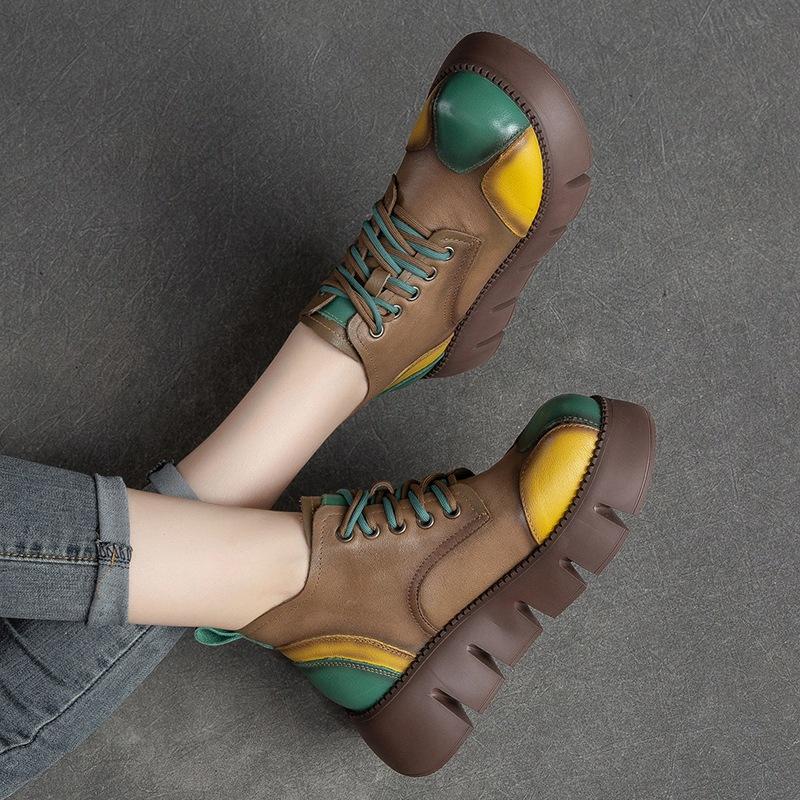 Fashion GKTINOO 2025 Autumn New Thick Sole Mixed Colors Retro Flat Platform Shoes Genuine Leather Versatile Lace Up Pumps Casual Shoes