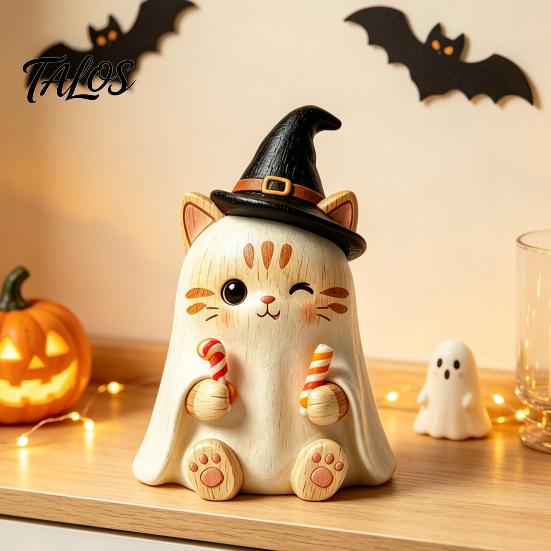 Gothic Style Figurine Vintage Witch Cat Halloween Decoration, Small Wooden Lover Gifts for Farmhouse Mantel, Bookshelf Table, Desktop Decor