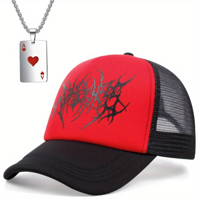 

Комплект из 2 мужских бейсболок, ожерелье, сетчатая вышитая шляпа от солнца, плоские поля, кепка в стиле хип-хоп, туз червей, игральная карта, ожерелье, спортивная шляпа от солнца для отдыха на открытом воздухе красный