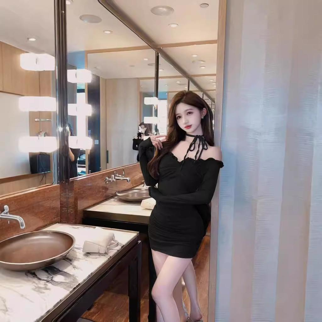 Sexy low-cut strap mesh solid color dress long-sleeved tight hip skirt work clothes autumn and winter