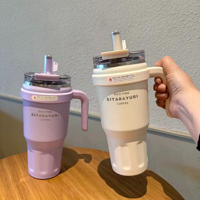 Großes Fassungsvermögen Edelstahl-Strohhalm Thermosflasche Tragbarer Griff Doppelwandige Isolierbecher Kaffeetasse Auto Eisbecher Tumbler