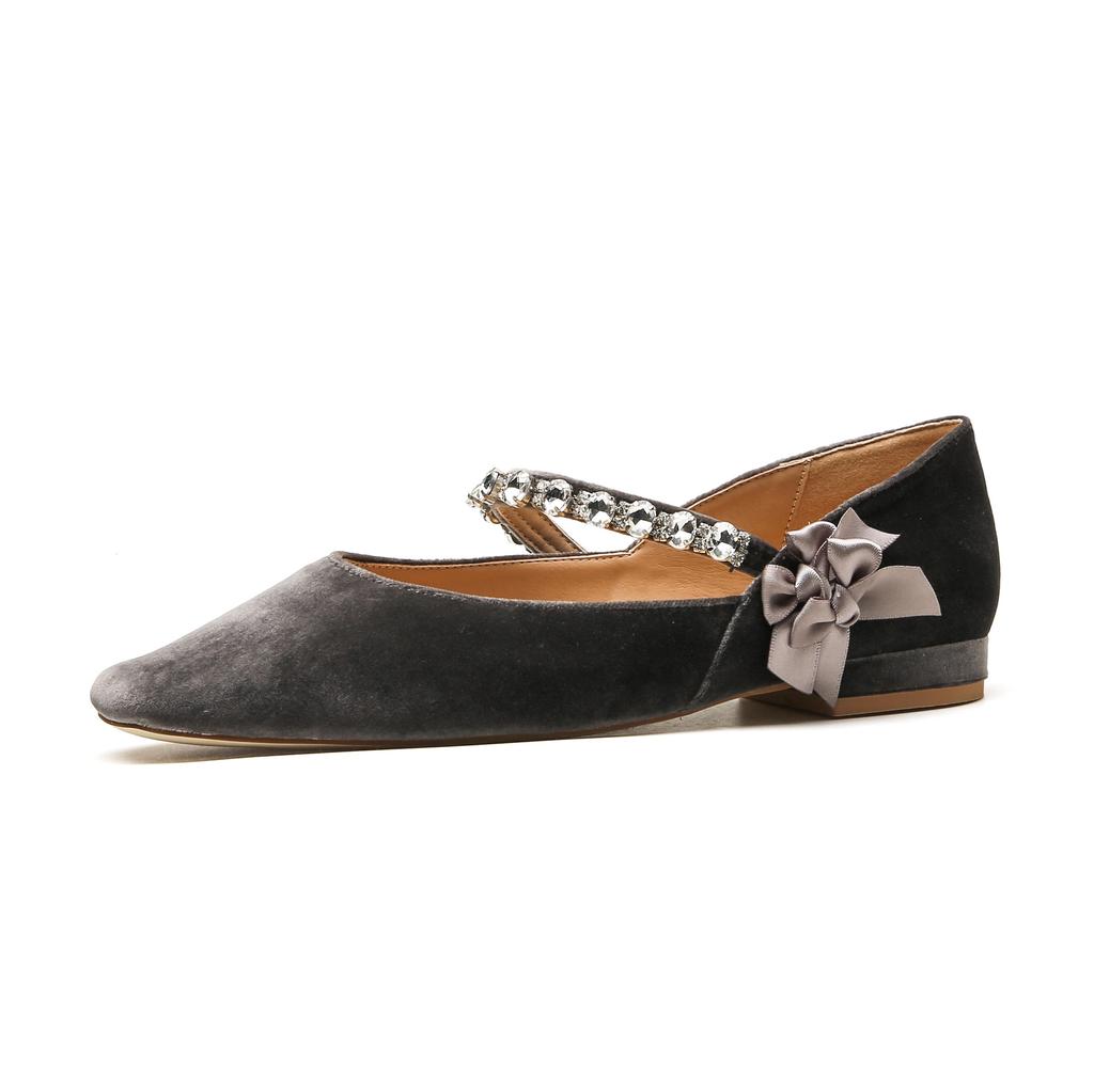 22306 flat shoes women's thick heel new square head rhinestone word with Mary Jane shoes French light mouth suede shoes