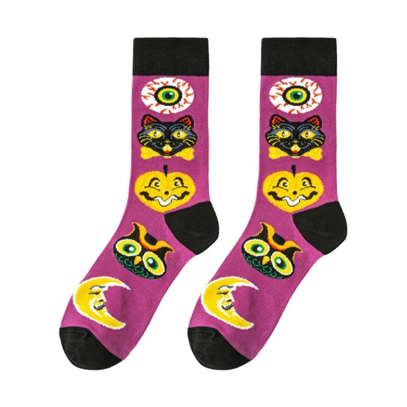 Halloween Themed Cotton Socks Elastic Cuffs Breathable Fabric Practical Wear Festive Ghosty Pumpkin Patterns