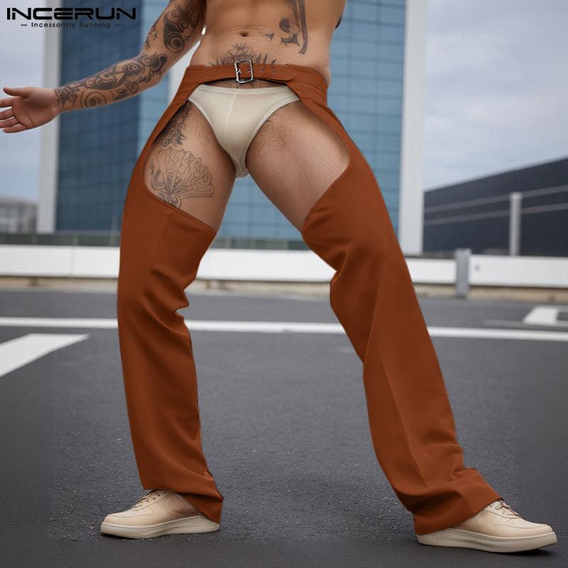 INCERUN Men Belt Waist Crotch Cutout Party Long Pants Trousers