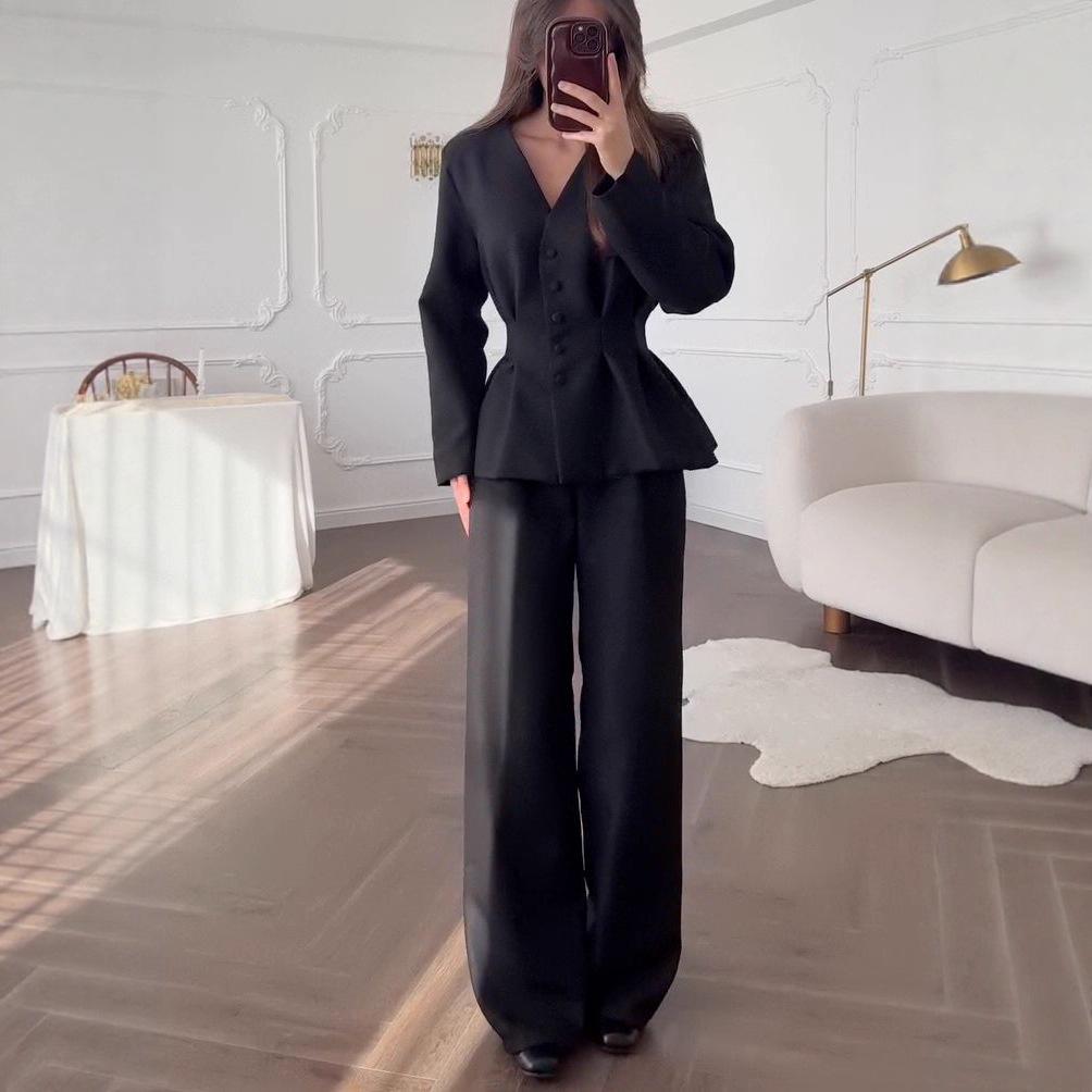 2025 Autumn Women's European & American V-Neck Slim White-Collar Pant Suit with Waist-Cinching Long Coat