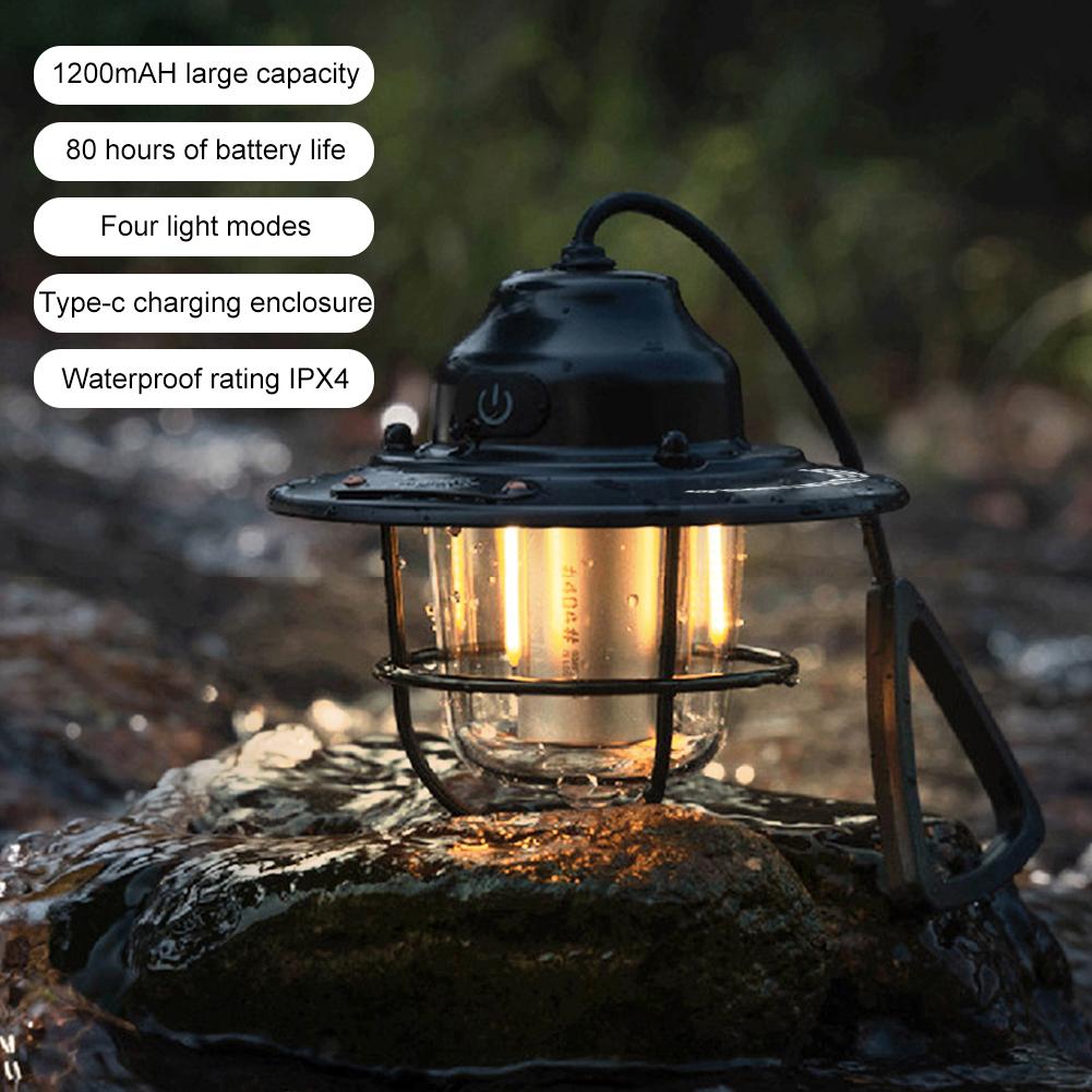 LED Camping Lantern Vintage Tent Lamp 4 Light Modes Hanging Tent Light Multifunction IPX4 Waterproof for Outdoor BBQ Traveling