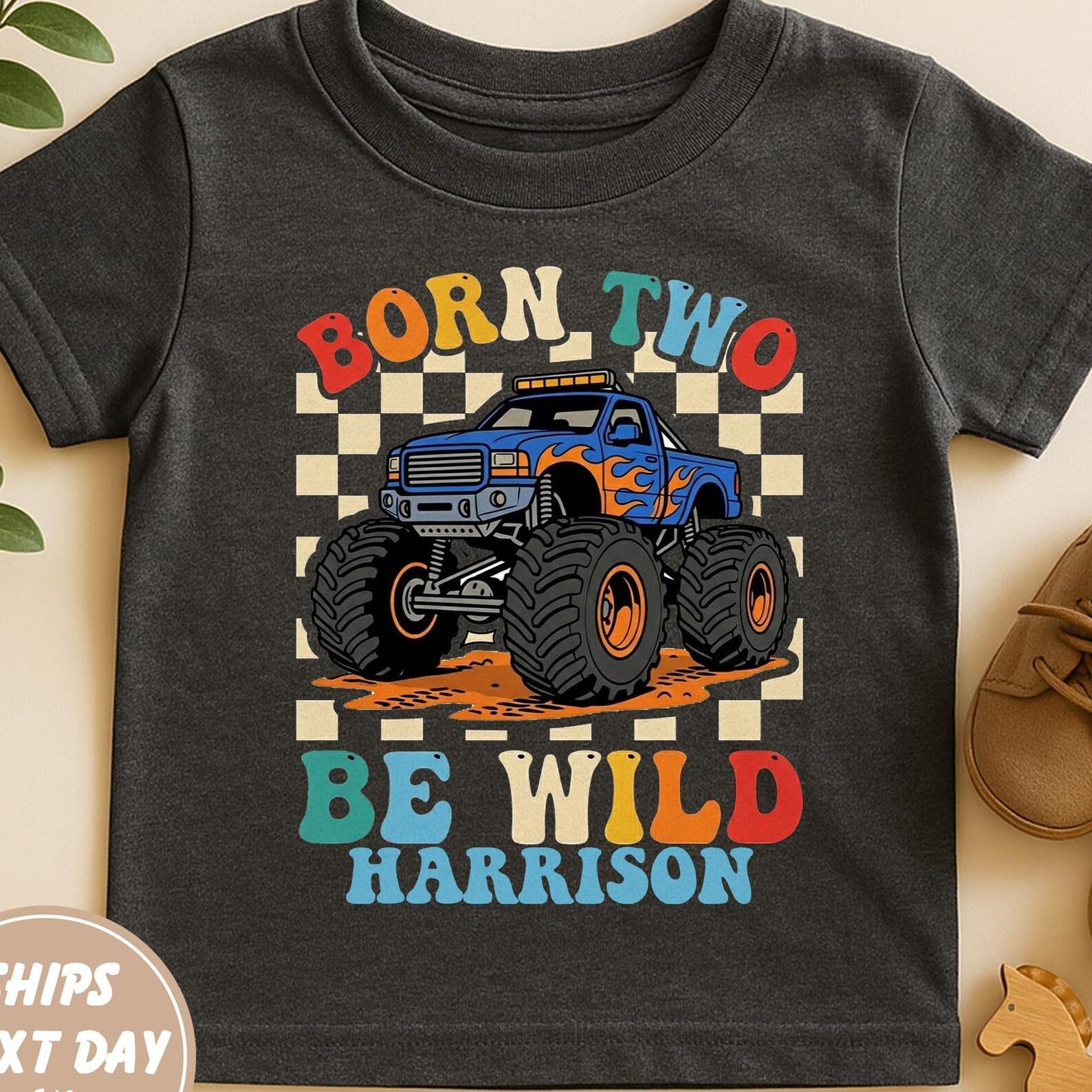 Born Two Be Wild Shirt, Personalized Monster Truck 2nd Birthday Boy Tee, Custom Name Turning 2 Birthday Gift, 2 Year Old Boy Party Shirt 160