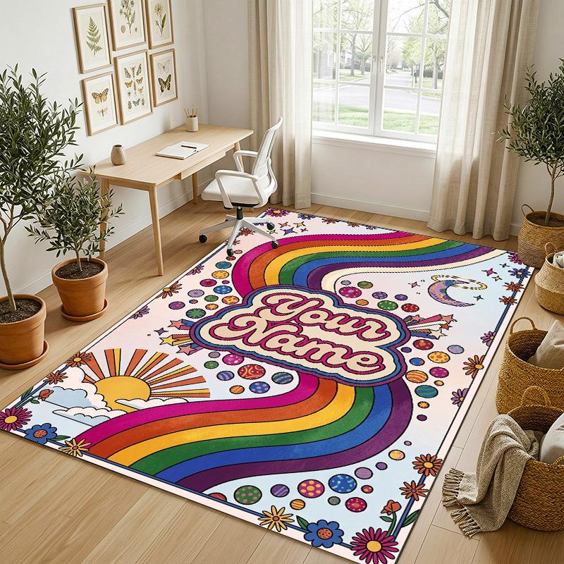 Rainbow Dreams Theme Soft Crystal Velvet Rug Custom Name & Text Print Non Slip Floor Rug for Bedroom Living Room