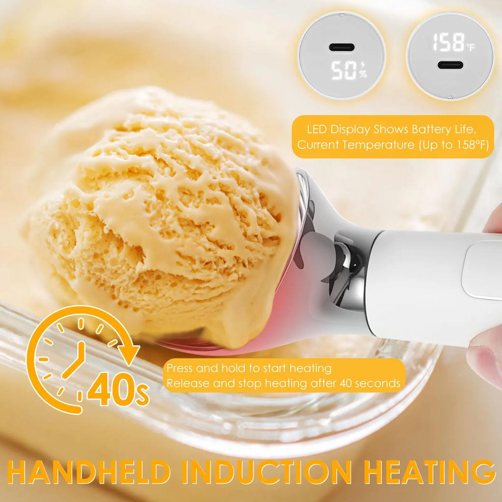 1 st elektrisk uppvärmd glasskopa, uppladdningsbar skopa för hårdglass, självuppvärmd sked, rostskyddad metall, lätt att rengöra prylar