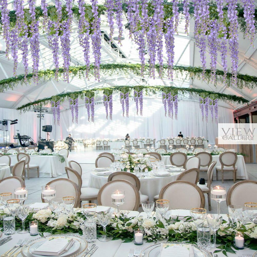 8pcs Artificial Flowers Silk Wisteria Vine Ratta Silk Hanging Flower Wedding Decor (Purple)