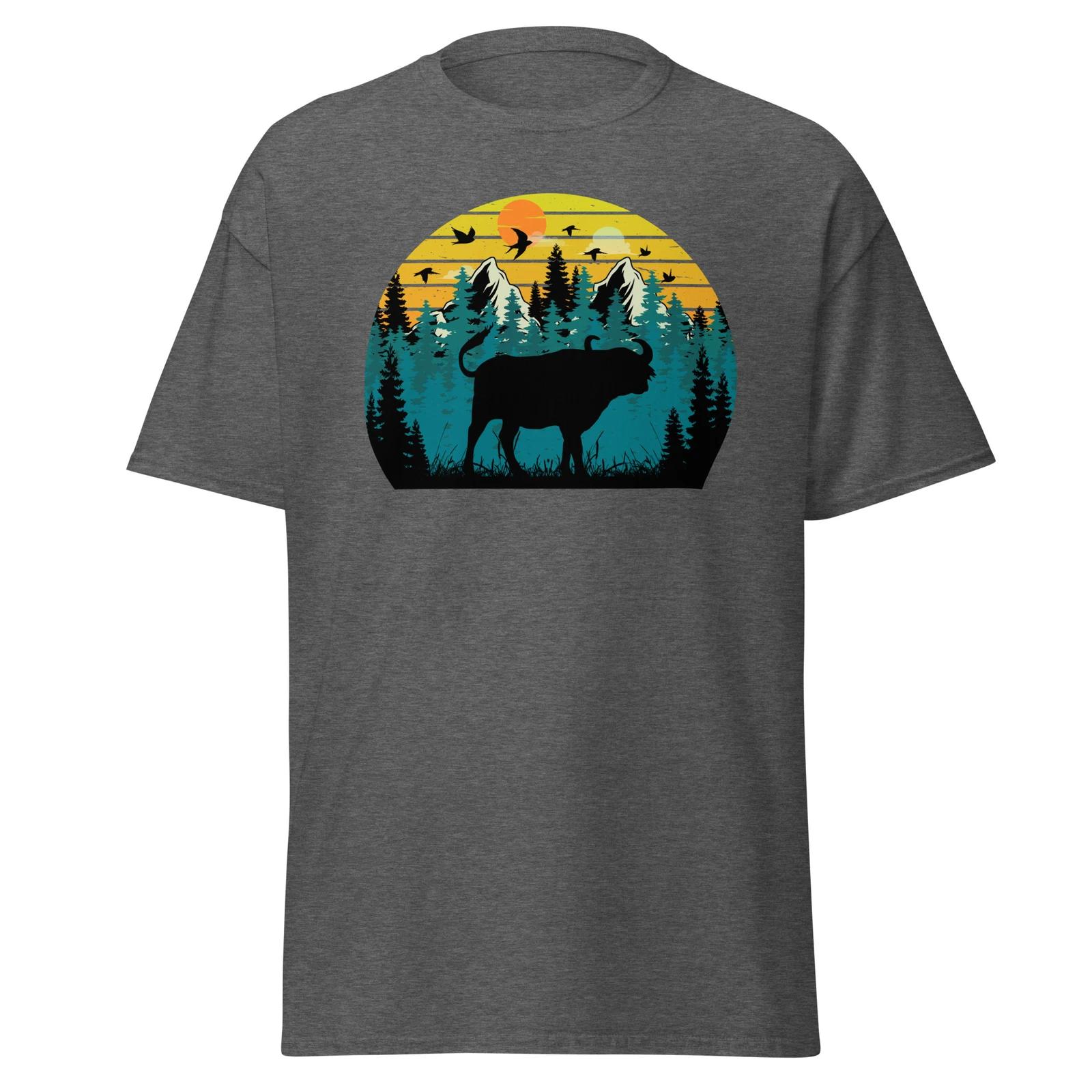 Retro Sunset Bull Unisex T-Shirt, outdoors farm nature cow hiking XXXXL