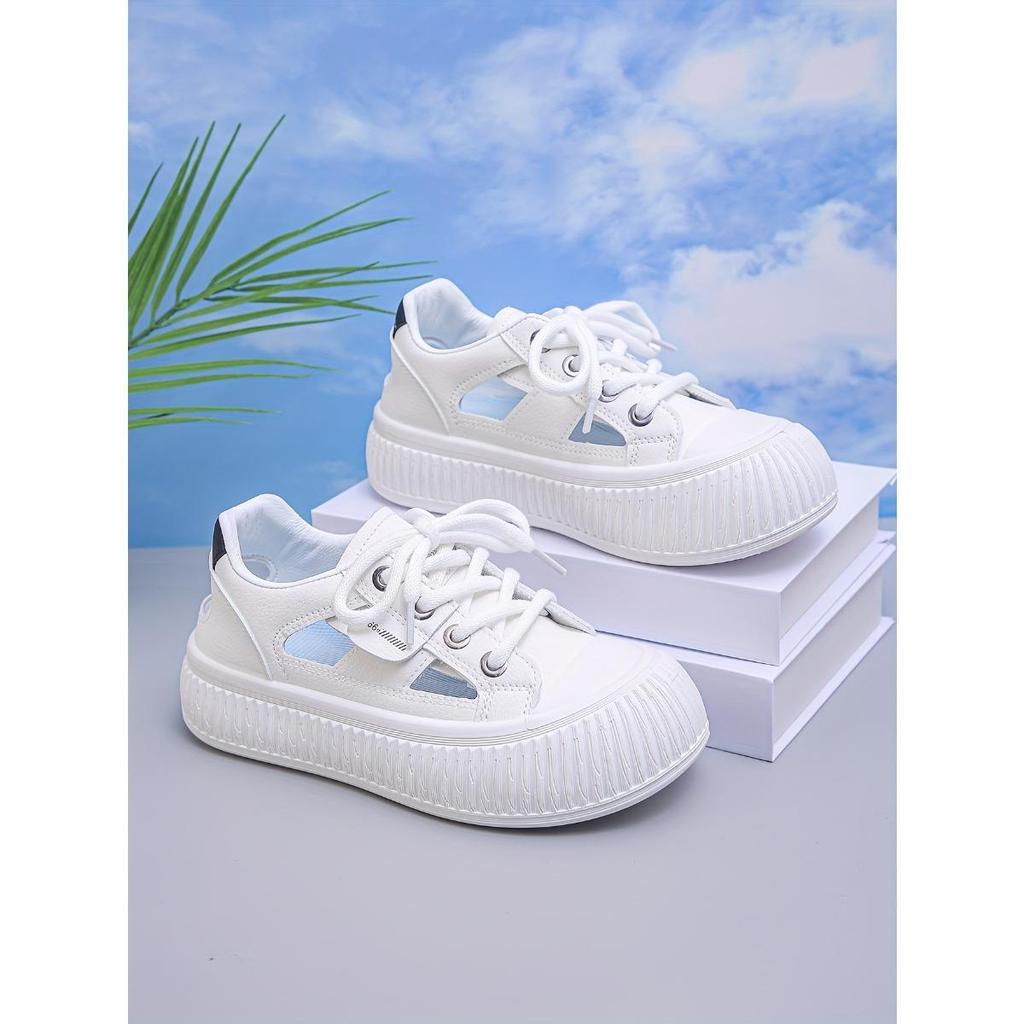 Women's Trendy White Lace-up Shoes with Thick Sole and Hollow Out Design
