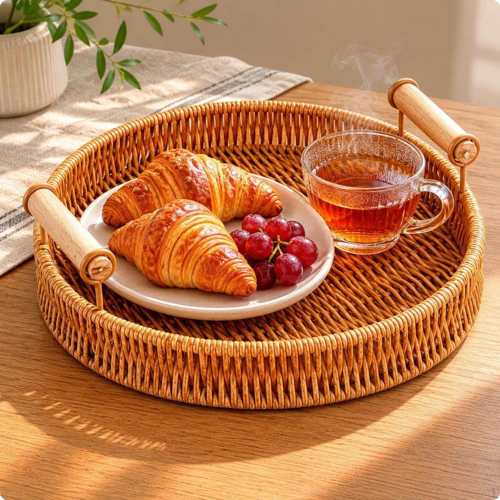 Woven Serving Tray Wooden Handles Shallow Rim Tableware S Round Woodhandle