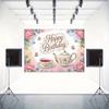 2D Flat Tea Party Happy Birthday Banner Floral Teacup & Butterfly Backdrop for Garden Tea Party