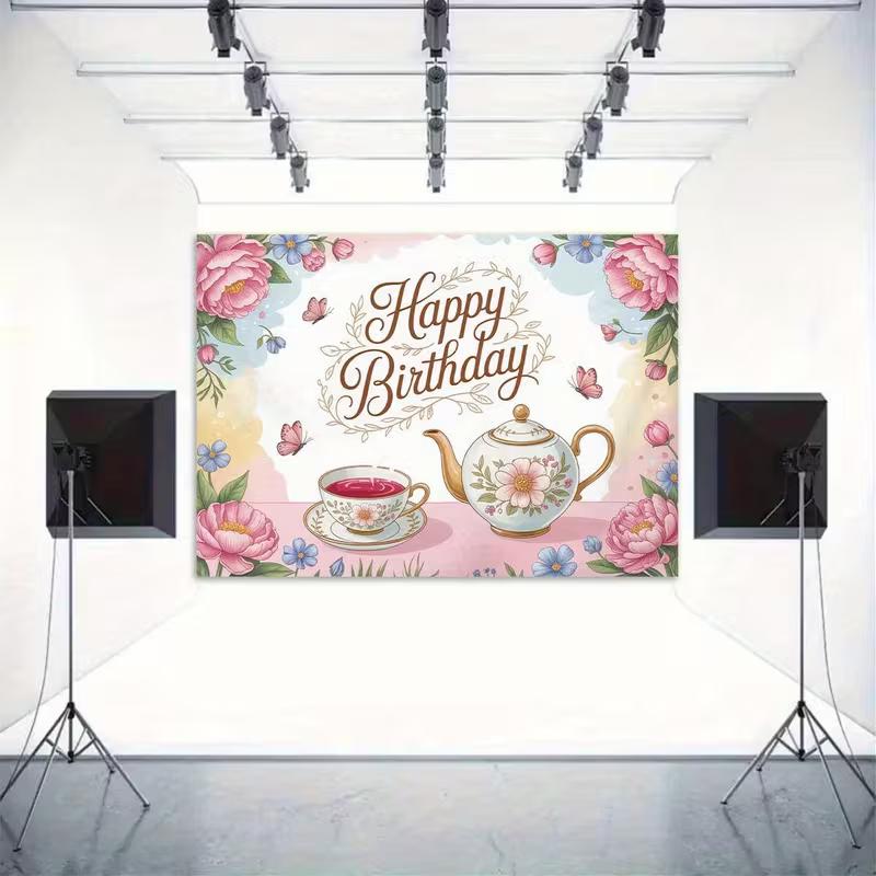 2D Flat Tea Party Happy Birthday Banner Floral Teacup & Butterfly Backdrop for Garden Tea Party