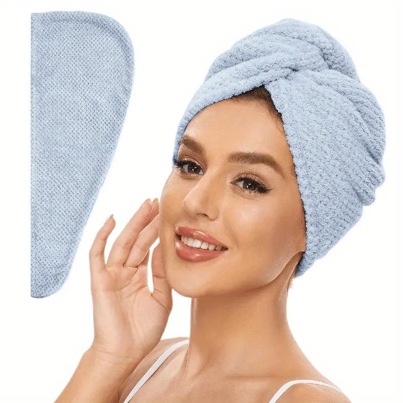 Einfarbiger Haarturban Texturierte Trockenhaube Saugfähiges Haarhandtuch Wickel zum Knöpfen für Damen Blue
