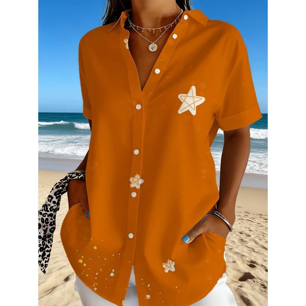 Women s Retro Geometric Striped Printed Button Short Sleeved Shirt with a Lapel Top, Summer Casual Short Sleeved Shirt S