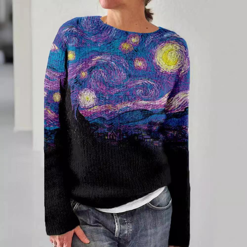 Women's Patterned Pullover Sweater Casual Loose Fit Long Sleeved Knit Top Luxurious Relaxed-fit Slimming and Versatile Top