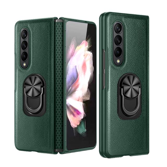 Luxury Leather Ring Holder Hinge Protector Full Protection Phone Cover For Samsung Galaxy Z Fold 4 Case Shockproof Kickstand