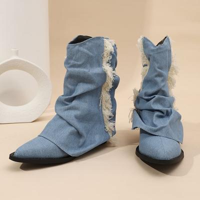 Cizme Cowboy Western Albastru Deschis Toc Înalt Vintage Cu Vârf Cizme Tub Pantaloni Cizme cu Toc Gros Cizme Scurte cu Franjuri Mânecă Femei