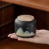 Hand-painted Black Ceramic Tea Caddy with Distant Mountain Design - Small, Simple, Sealed for Freshness