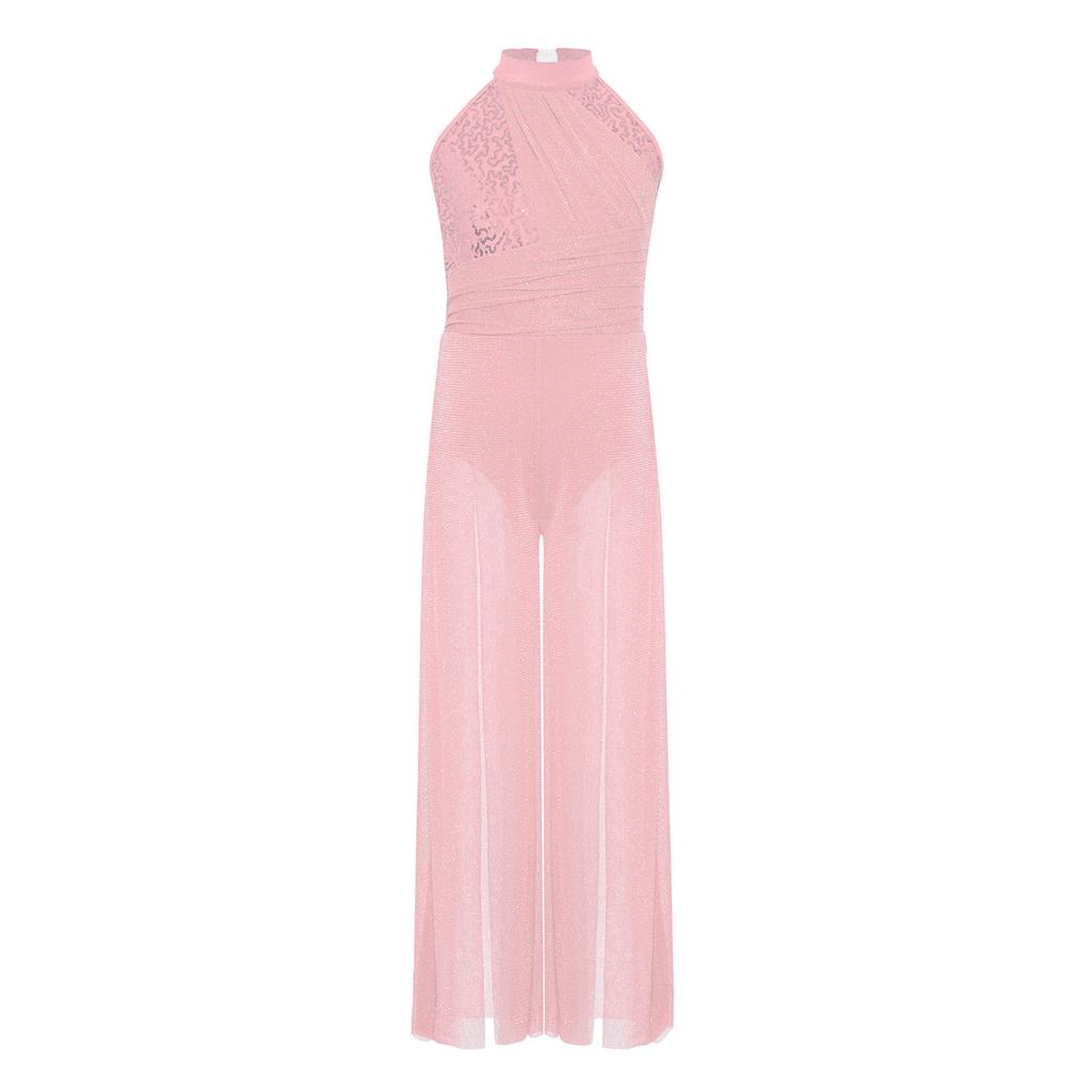 Mono de tirantes cruzados en la espalda, cuello alto, sin mangas, con lentejuelas brillantes, de malla, con abertura en la pierna ancha, para danza lírica