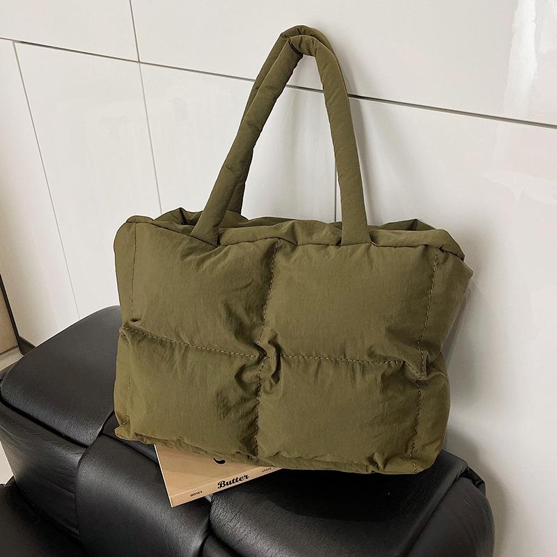 Autumn/Winter Plaid Nylon Padded Tote: Casual, Versatile, Large Capacity Shoulder Handbag