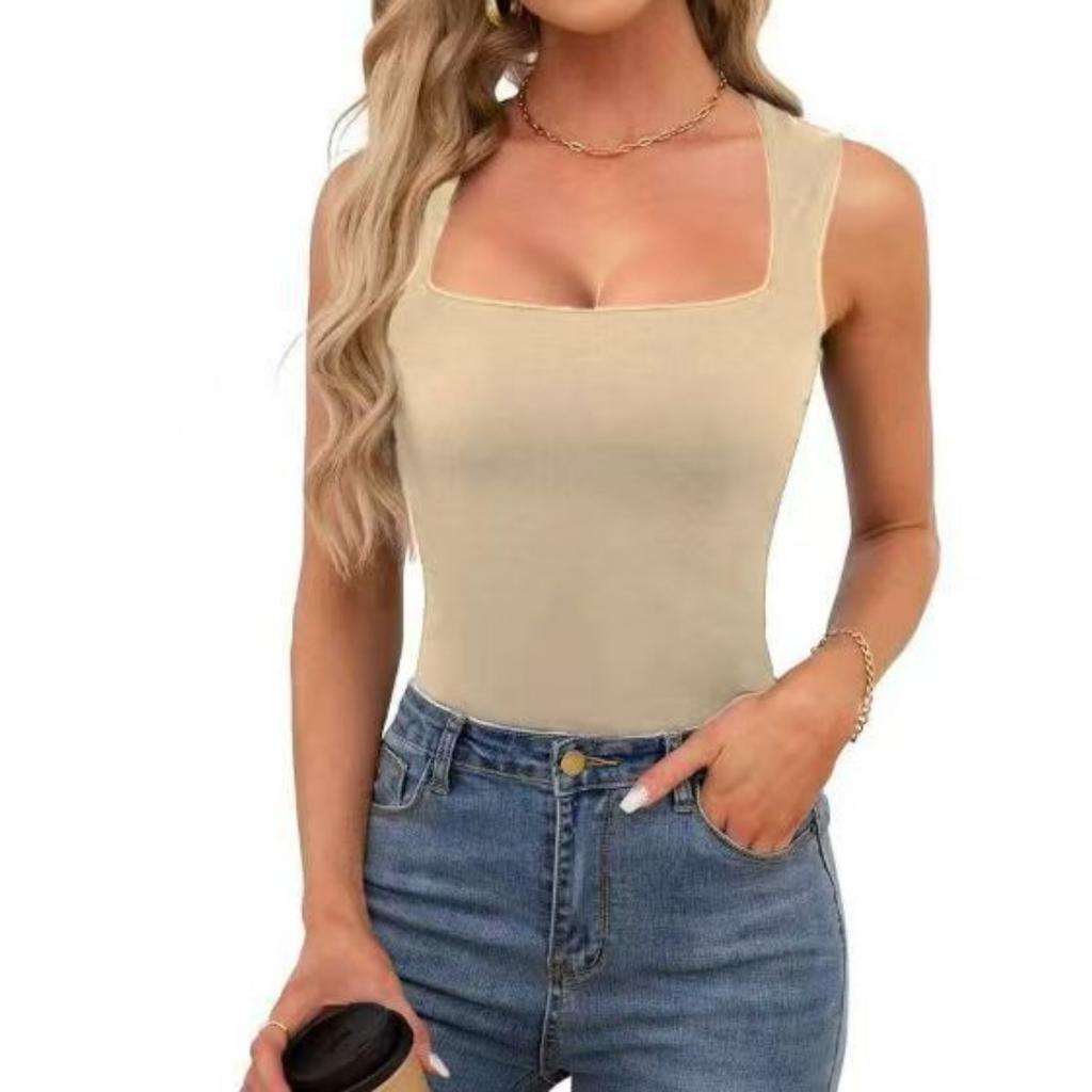 New Summer Women's Square Neck Sleeveless Double Layer Basic Slim Fit Tank Top Black